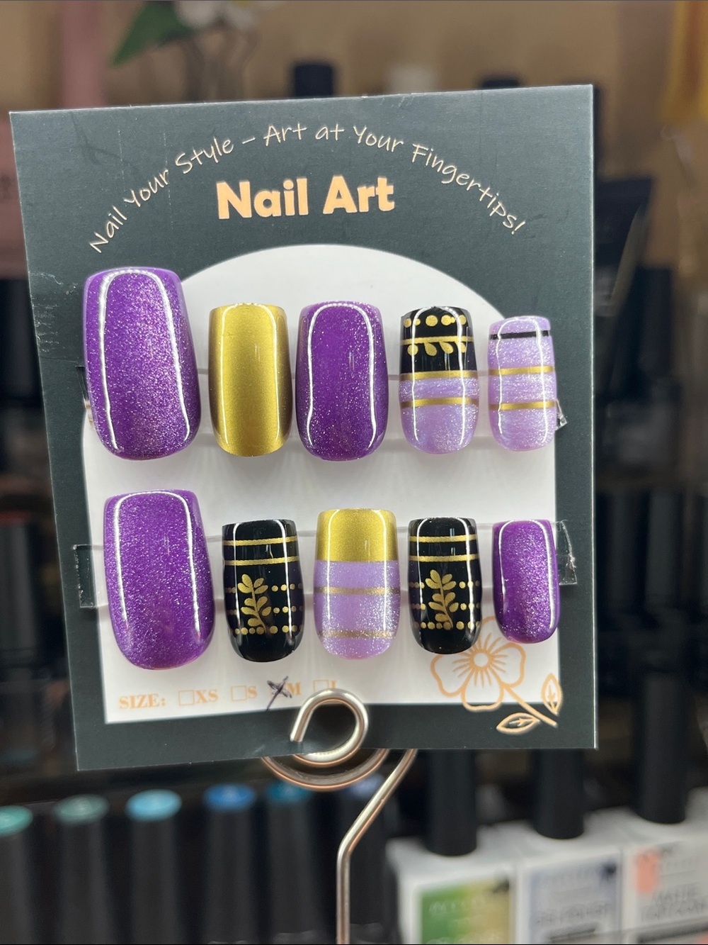 Nail Art Press-On Set in Purple, Gold & Black cat eye square